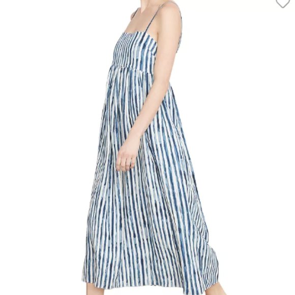VINCE PAINTERLY STRIPED SLEEVELESS COASTAL BLUE MIDI DRESS sz 10 - Picture 3 of 4